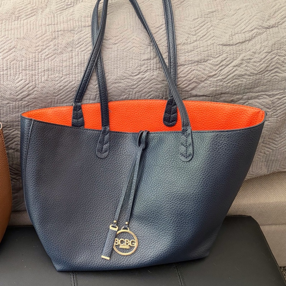 BCBG Navy Tote with Bright Orange Interior